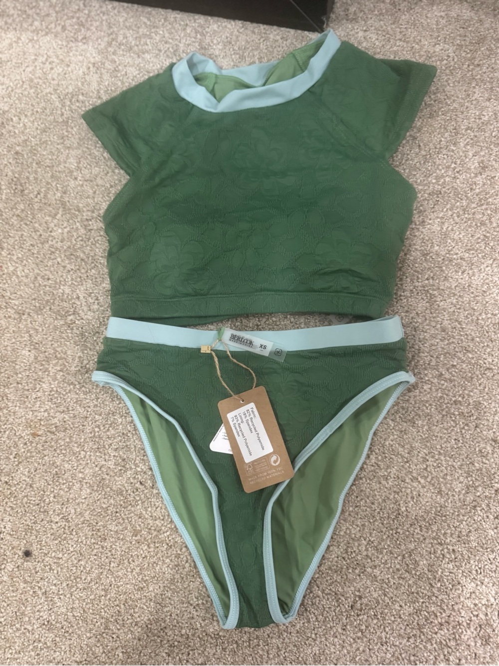 Green High-Waist Crop Swim Bikini with Light Blue Trim